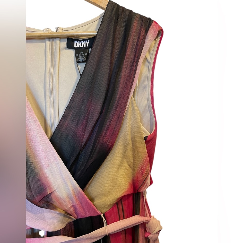 DKNY Pink/Black/Beige Print V-Neck Surplice Tie-Waist High-Low Dress - Size 14W - Picture 3 of 16